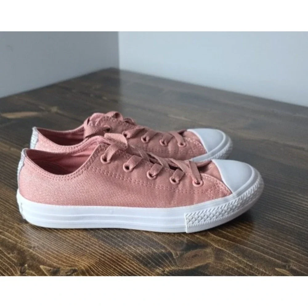 Converse All Star Junior Sneakers Size 2 Pink White Glitter Canvas Low Top Shoes